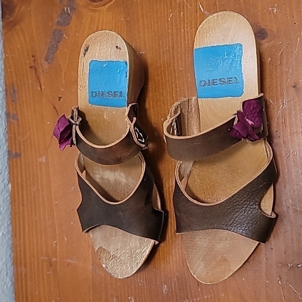 VINTAGE DIESEL‎ WOMEN'S BROWN LEATHER AND WOOD BLOCK HEEL SANDAL SZ 6 - Picture 4 of 9
